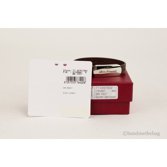 NEW Salvatore Ferragamo Brown Leather & Silver Toned 1927 Logo Buckle Bracelet - Picture 5 of 8